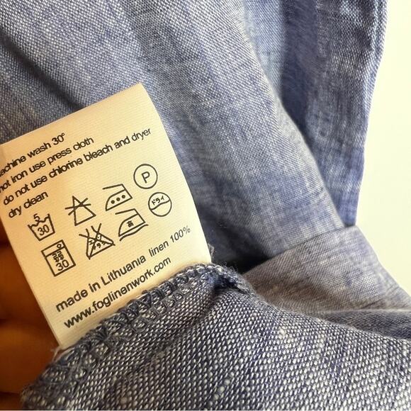 Fog Linen Work Blue Chambray Button Down 100% Linen Shirt Dress. - Picture 7 of 8